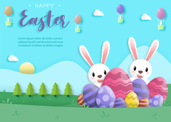 Happy easter day in paper art style with rabbit and easter eggs. greeting card, posters and wallpaper. Vector illustration.