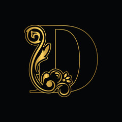 Golden letter D. flower letters. Vintage ornament initial Alphabet. Logo vector	
