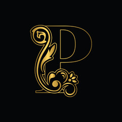 Golden letter P. flower letters. Vintage ornament initial Alphabet. Logo vector	
