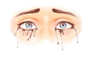 Crying blue female eyes, with tears on her cheeks, with streaks of makeup on her cheeks. Suffering, pain of loss, depression