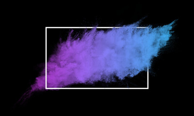 Obraz na płótnie Canvas Colorful dust smoke explosion particles in rectangle frame. Futuristic background, wallpaper.