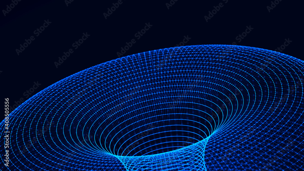 Poster Abstract digital wormhole. Sci-fi tunnel or portal. Futuristic space travel concept. Wireframe 3d surface. 3d rendering.