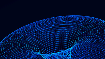 Abstract digital wormhole. Sci-fi tunnel or portal. Futuristic space travel concept. Wireframe 3d surface. 3d rendering.