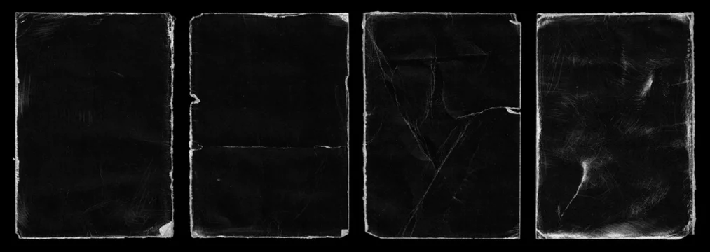 Set of Old Black Empty Aged Damaged Paper Cardboard Photo Card. Rough Grunge Shabby Scratched Torn Ripped Texture. Distressed Overlay Surface for Collage. High Quality.