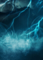 Dramatic nature background. Dark night view of the city during a thunderstorm. Flashing lightning. Reflection of light on the asphalt. 3d illustration