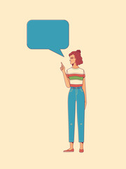 Young woman standing point finger to speech bubble vector cartoon illustration