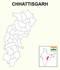 Chhattisgarh map. Chhattisgarh districts map with name labels. Chhattisgarh hilited in India map with white background.