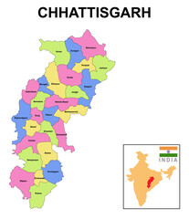 Chhattisgarh map. Showing State boundary and district boundary of Chhattisgarh. Political and administrative colorful map of Chhattisgarh with the district name.