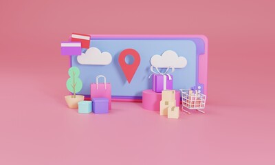 3D rendering flat illustration Online shopping store on mobile application of smartphone. Premium Photo