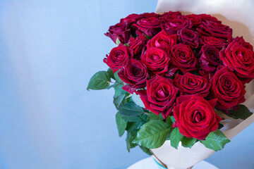 Bright red roses in a bouquet. Empty space on a background for text or logo