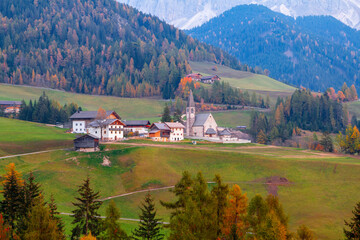 Beautiful Dolomites, Odle mountain range, Seceda mountains near the village of Santa Maddalena,...