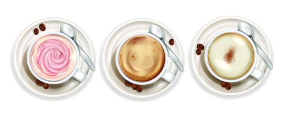 Set of realistic coffee cups top view. Cappuccino latte americano espresso cocoa in realistic cups. Vector illustration
