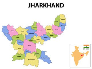 Jharkhand map. Showing State boundary and district boundary of Jharkhand. Political and administrative colorful map of Jharkhand with districts name.