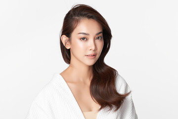 Obraz premium Beautiful young asian woman with clean fresh skin on white background, Face care, Facial treatment, Cosmetology, beauty and spa, Asian women portrait