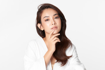 Fototapeta premium Beautiful young asian woman with clean fresh skin on white background, Face care, Facial treatment, Cosmetology, beauty and spa, Asian women portrait