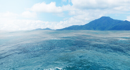 Summer view of the sea and mountain range. Island of rocks in the ocean, mountain island on the horizon, panorama of ocean landscape with island, 3D rendering