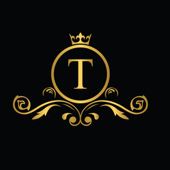 Golden letter T. flower letters. Vintage ornament initial Alphabet. Logo vector
