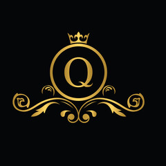 Golden letter Q. flower letters. Vintage ornament initial Alphabet. Logo vector