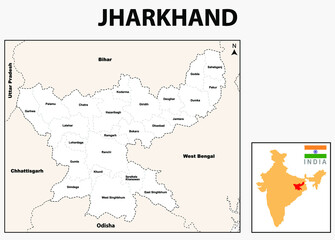 Jharkhand map. Political and administrative map of Jharkhand with the district name. Showing State boundary and district boundary of Jharkhand. Illustration of districts Jharkhand map.