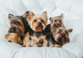 Group of pretty Yorkie on miniature couch sofa. Closeup.