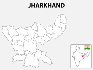 Jharkhand map. Jharkhand districts map with name labels. Jharkhand hilited in India map with white background.