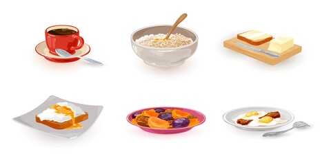 Collection of first meal of day, toast with butter. coffee, dried fruits, eggs and bacon, porridge in assortment. Vector fat and healthy food design isolated on white background
