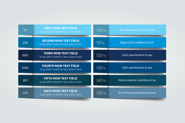 Table, schedule design template with 6 row. Vector banner.
