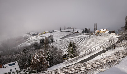Winter landscape with South Styria vineyards,known as Austrian Tuscany,a charming region on the border between Austria and Slovenia with rolling hills,picturesque villages and wine taverns.