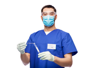 Fototapeta na wymiar healthcare, profession and medicine concept - doctor or male nurse in blue uniform, face mask for protection from virus disease, goggles and gloves with cotton swab and test tube over white background