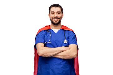 healthcare, profession and medicine concept - happy smiling doctor or male nurse in blue uniform and red superhero cape with stethoscope over white background