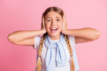 Photo of young girl unhappy close ears irritated stressed problem ignore jumper on shoulders isolated over pastel color background