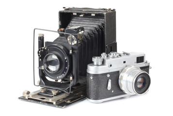 Old film cameras. Isolated objects on white background