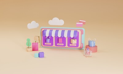 Obraz premium 3D rendering flat illustration Online shopping store on mobile application of smartphone. Premium Photo