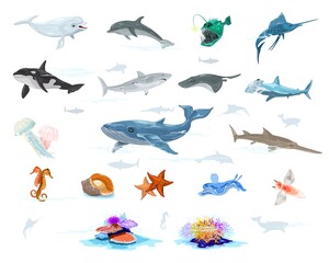 Big vector set with underwater inhabitants, fishes dolphin, anglerfish, swordfish, whale, shark, jellyfish, sawfish, seahorse, mollusk starfish beluga atlantic torpedo hammerhead - obrazy, fototapety, plakaty