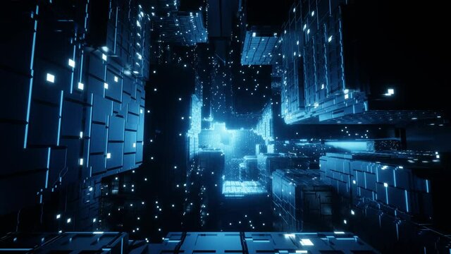 Sci-fi Blue City - Seamless 3D VJ Loop background | cyber, futuristic, space, tunnel, abstract, mechanic, light, blue, glow | 4K UHD CGI