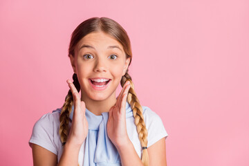 Photo of young cheerful preteen girl happy positive smile amazed surprised news sale tight jumper...