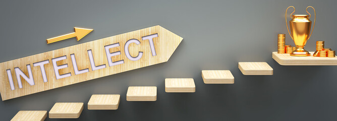 Intellect leads to money and success in business and life - symbolized by stairs and a Intellect sign pointing at golden money to show that Intellect helps becoming rich, 3d illustration