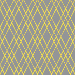 Geometric seamless pattern with gray pixel art rhombus on yellow background. Abstract diamond vector pattern. Simple vector illustration. Geometric zigzag design for fabric, wallpaper, textile