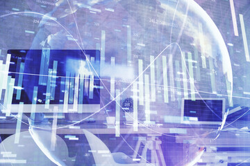 Double exposure of business theme drawing and office interior background. Concept of success