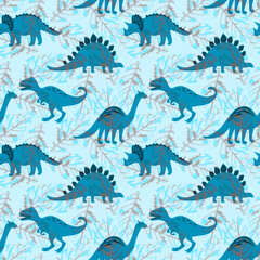 Seamless animal baby pattern with dinosaurs on blue background. © brusnika9