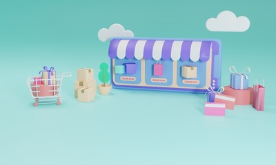 Obraz premium 3D rendering flat illustration Online shopping store on mobile application of smartphone. Premium Photo