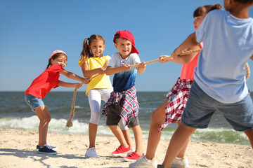 Cute children pulling rope during tug of war game on beach. Summer camp © New Africa