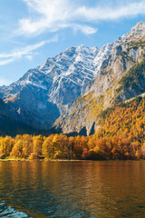 Fototapeta premium Konigssee lake (Konigsee) in foggy weather the background Watzmann mountains , near the German Austrian border, Berchtesgaden National Park, Bavaria