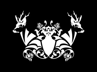 pair of wild roe deer stags with heraldic shield among rose flowers - medieval style coat of arms black and white vector design © Cattallina