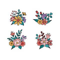 Hand drawn flowers and leaves bouquet collection. Vector illustration