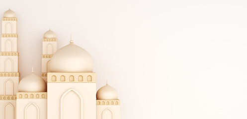 Islamic decoration background with mosque on white , ramadan kareem, mawlid, iftar, isra  miraj, eid al fitr adha, muharram, copy space text area, 3D illustration.