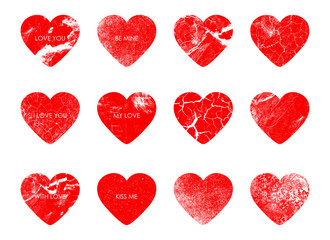 Romantic stamps hearts, a set of stamps for envelopes, postcards and letters. Valentine's Day, love letters. White background. Vector prints for postcards, letters and greetings. Red hearts