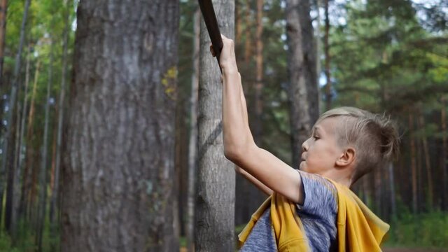 Boy pulls himself up on the bar between trees in the park