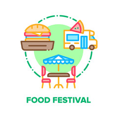 Food Festival Vector Icon Concept. Burger And Pizza, Truck For Cooking Delicious Nutrition And Table With Chairs And Umbrella For Eating Street Fast Food Festival Color Illustration