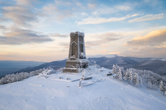 Magnificent panoramic winter view of the Shipka National Monument (Liberty Monument) at sunrise, Balkans, Bulgaria